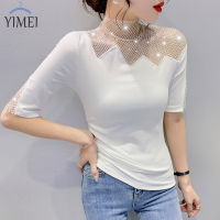 YIMEI เสื้อยืดผู้หญิงสวยๆสำหรับฤดูร้อน2023แฟชั่นใหม่อุตสาหกรรมหนักเพชรร้อนแรงเสื้อไวท์บอทท่อมของผู้หญิงปกสูงแบบมีรูเสื้อคอตตอน