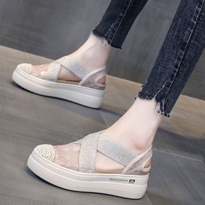 2023 Summer Autumn Style Platform Lace Slip-on Lofter Loafers Sandals Breathable Mesh Hollow Fisherman Shoes for Women