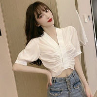 White Blouse Women Short Sleeve V Neck Shirt Korean Style Summer Fashion Cropped Top 2023 New