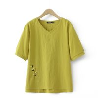 【มีไซส์ใหญ่】Plus Size Womens XL-4XL Summer New Tops Cotton&amp;Linen V- Neck Embroidered Short Sleeve T-Shirts Oversized A-line Top