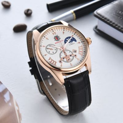 【July】 Mens business casual Roman numerals steel belt watch with calendar mens trendy three-eye atmospheric quartz