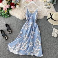 COD DSTGRTYTRUYUY Vintage Print Dress Summer Sexy V Neck Slim Sling Dress Korean Style Elegant Resort Beach Midi Dresses