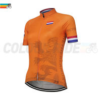 Women Cycling Jersey Set Netherlands National Team Bike Clothing Lady Short Sleeve Bicycle Ride Outfit Summer Orange Uniform