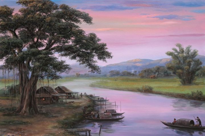 Tranh bến sông quê hương phong cảnh sông nước yên bình tặng khung tranh kèm  theo trang trí treo tường 