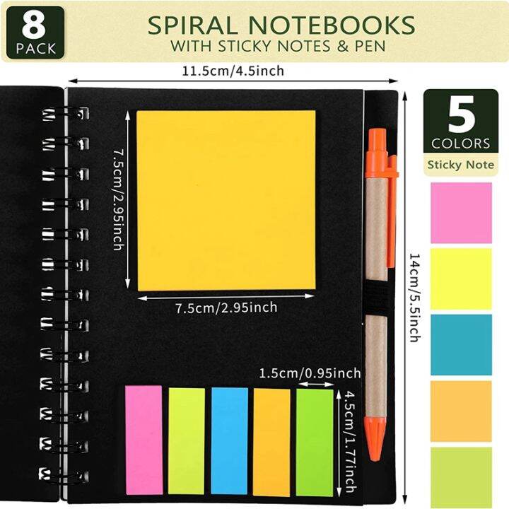 pack-of-8-lined-spiral-notebook-kraft-cover-notepad-notepad-with-pen-in-stand-page-markers-sticky-notes-color-index-tabs