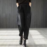 [Spot] [fleece-lined thickening] Large size womens denim trousers autumn and winter slimming versatile casual harem pants 2023