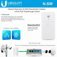 Ubiquiti N-SW NanoSwitch Outdoor 4-Port PoE Passthrough Switch, outdoor, weather-resistant enclosure, 1 x Gigabit 24V Passive PoE In Port, 3 x Gigabit 24V Passive PoE Out Ports.