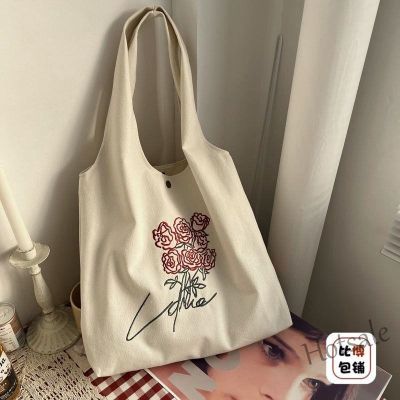 【hot sale】○ C16 Fashion New Shoulder Bag Canvas Tote Bag European Embroidery Rose Illustration Single Shoulder Bag Schoolbag Literary Simple Retro Large Capacity Canvas Bag