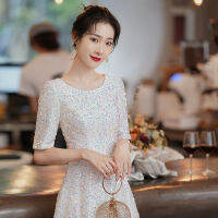 ชุด Wedding gowns for bride White Evening Dress Host Annual Meeting Sequined Womens Clothing Skirts H998 ชุด แต่งงาน