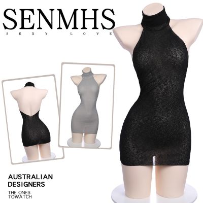 SENMHS Sexy Open Chest  Knit Backless Passion Erotic Lingerie For Women One-Piece Cosplay Hollow Sweater Sleeveless Gray Black