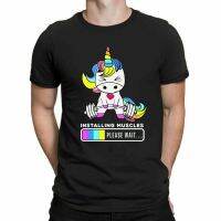 Mens T-shirt Installing Muscles Cute Unicorn Strong Gym Powerlifting Sport 100% Cotton Sports Gym Mens T-shirt