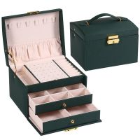 Multi-functional Three-layer Leather Drawer-style Jewelry Box Earrings Lock Jewelry Box Necklace Ring Storage Box for Women Gift