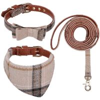 [HOT!] 3 PCS Bow Tie Dog Collar and Leash Set Brown Classic Plaid Adjustable Dogs Bandana and Collars for Puppy Cats