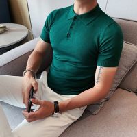 【CC】❦  2022 Men Silk Short Sleeve Polo Shirt Fashion Lapel Formal Homme Streetwear M-3XL