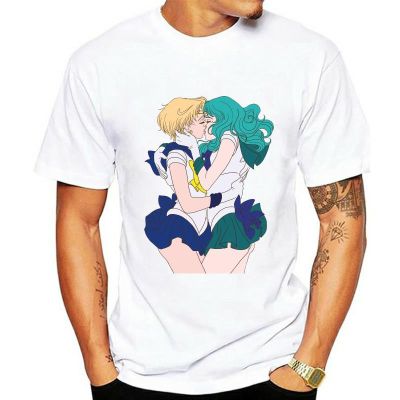 เสื้อยืดผ้าฝ้ายพิมพ์ลาย เสื้อยืด ผ้าฝ้าย พิมพ์ลายอนิเมะ Uranus Neptune Sailor Moon สีขาว สําหรับผู้ชาย  SFDK
