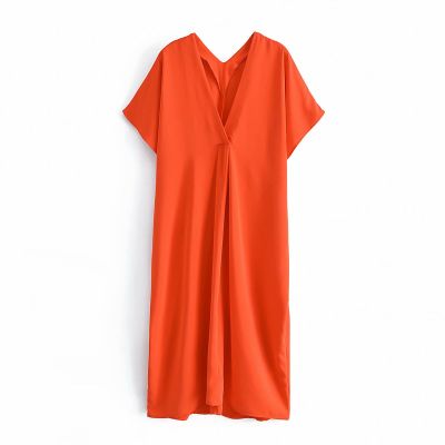 Za Summer Dresses Women Orange Satin Oversized Long Dress Woman Short Sleeve Casual Pleated Midi Ladies Dresses 2021 Tunics