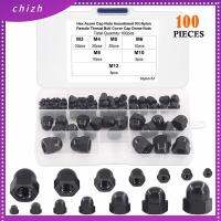 CHIZH 100Pcs เกลียวในเมตริก Dome nuts M3 4 5 6 8 10 12 7ขนาด ชุดจัดประเภท แบบพกพาได้ พลาสติกทำจากพลาสติก น็อตเอคอร์นไนลอน ตกแต่งด้วยการตกแต่ง