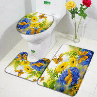 Butterfly Flowers Bath Mat Set Purple Yellow Daisy Floral Plants Spring Rustic Scenery Bathroom Decor Non-Slip Rugs Toilet Cover