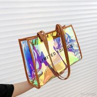 ❀✌◎ Fashion handbag casual large-capacity trend laser pvc jelly bag shoulder printed letter tote