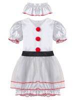 【CC】 Kids Clown Costumes Faux Collar V Neck Short Sleeves Pompoms Adorned Jumpsuit With Mesh Hem kids