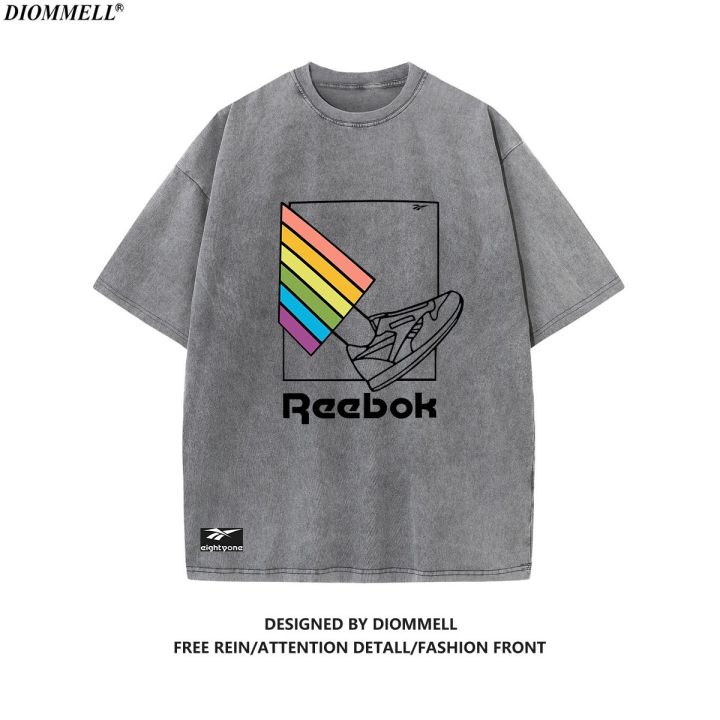 reebok-reebok-เสื้อยืดผู้ชายย้อนยุคสีรุ้งเท้า-คอกลมฤดูร้อนสบายแขนสั้นโอกาส