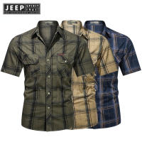 JEEP SPIRIT 1941 ESTD  เสื้อเชิ้ตผู้ชายรุ่น1941,เสื้อเชิ้ตแขนสั้นแฟชั่นทหารคอตตอน100% เสื้อเชิ้ตลำลองลายสก็อตคอปกสำหรับผู้ชาย