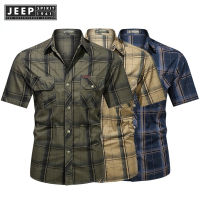 HOT ●8-18㍿ JEEP SPIRIT 1941 ESTD เสื้อเชิ้ตผู้ชายรุ่น1941เสื้อเชิ้ตแขนสั้นแฟชั่นทหารคอตตอน100 เสื้อเชิ้ตลำลองลายสก็อตคอปกสำหรับผู้ชาย