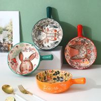 2021 New Nordic Ceramic Bowl with Handle Breakfast Noodle Fruit Bowl Forest Animal Design Dessert Soup Bowl 4 Pattern
