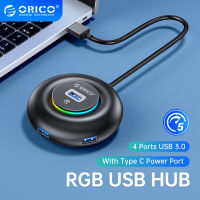 jianzhifen ORICO RGB ฮับ USB 4พอร์ต3.0ตัวแยก USB ที่พ้วง USB ที่มีอะแดปเตอร์ OTG ชนิด C ที่บางเฉียบสำหรับพีซี Macbook Pro Lenovo