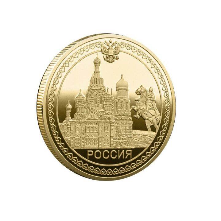 gold-plated-russian-coins-badge-st-petersburg-red-square-commemorative-coins-knight-statue-church-coin-ornament