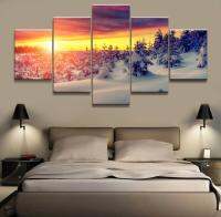 HD Fantasy Art Sunset Snowy Forest Wall ภาพวาดผ้าใบ-ชุด5ชิ้น-เหมาะสำหรับตกแต่งบ้านห้องนั่งเล่น-โปสเตอร์ศิลปะที่สวยงาม