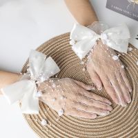 ✙❉ Women Short Bridal Gloves Yarn Bow Pearl Bead Full Finger Sun Protect Elegant Wedding Party Summer Banquet Driving Lace Gloves