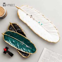 YMEEI Leaf Shape Ceramic Plate Gold Porcelain Dessert Plate Dish Dinnerware Sushi Tableware Feather Storage Tray