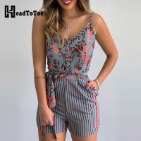 Leaf Print Striped Spaghetti Strap Tied Romper Women Playsuits Sleeveless Summer Casual Overalls Jumpsuits