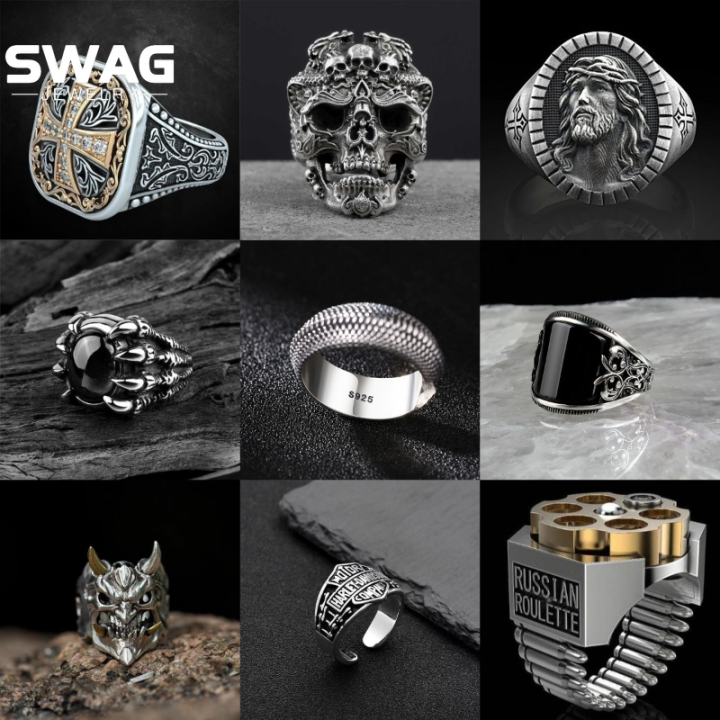 SWAG Jewelry Punk Hip Hop Silver Color Skull Rings for Men Stainless