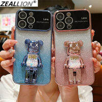 เคสใสเคลือบกลิตเตอร์ไล่ระดับสีพร้อมที่จับที่ตั้งรูปหมีสำหรับ [Apple iPhone 14 13 12 11 Pro Max 7 8 Plus X XS XR] หน้าต่างขนาดใหญ่ปกป้องเลนส์ TPU แบบนิ่ม