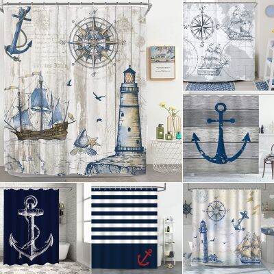 【CW】♗  Sailboat Shower Curtain Compass Lighthouse on Barn Door Pirate Fabric with Hooks