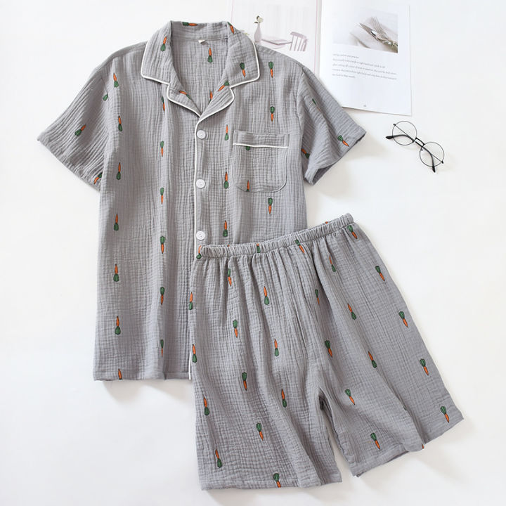 2021nhkdsasa-shorts-sets-pajamas-suit-women-summer-couple-cotton-crepe-ladies-solid-simple-short-sleeved-shirt-mens-home-service