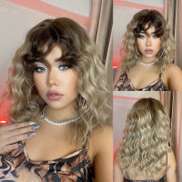 oneNonly Medium Length Curly Wave Ombre Brown Blonde Synthetic Wigs with Bangs for Women Cosplay Daily Hair Heat Resistant