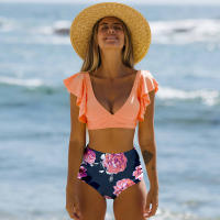 Floral Ruffled Hem Bikini Set Women Flora V-neck High-waisted Two Piece Swimsuit 2021 Girl Beach Bathing Suit Swimwear Biquinis