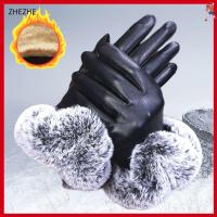 ZHEZHE Women Windproof Plus Velvet Waterproof Cashmere Gloves PU Leather Faux Fur Gloves Touch Screen Mittens