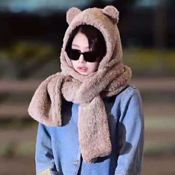ผ้าพ้นคอเกาหลีน่ารักๆ-ผ้าพันคอไหมขน-3in1-เป็นทั้งหมวกและผ้าพันคอ-แต่งรูปทรงหมีมีกระเป๋าในตัว-2-ข้าง-wjx04