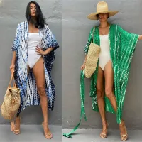 --D0512 The new 2023 europeans cotton watermark printing beach blouse sexy bikini smock cardigan belt is prevented bask in unlined upper garment