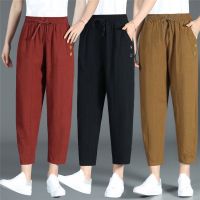 【มีไซส์ใหญ่】Plus Size XL-4XL Womens Cotton&amp;Linen Ankle Pants Solid Color Casual Slim Female Trousers