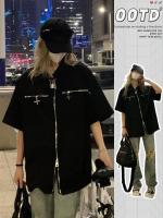 901A2023 เสื้อแจ็กเก็ตสไตล์อเมริกันวินเทจโลหะมีซิปใส่ทำงานเสื้อใส่ได้กับทุกชุดแบบหลวมๆแบรนด์แฟชั่นสำหรับผู้หญิงเสื้อฤดูร้อน