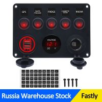 Red 5 Gang 4.2A Switch Panel For Car Marine Boat Yacht Caravan Truck Waterproof Voltmeter Dual USB Socket LED 12 24V Accessories