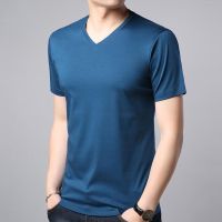 COD Spot high quality V-collar T-shirt mens double mercerized cotton Tee short-sleeved leisure low-collar mens pure color half-sleeve pure cotton heart collar bottomed shirt for boys