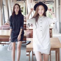 Women Dress BlackWhite Striped New Turn-Down Collar Dresses Long Blouse Casual Dress black dress