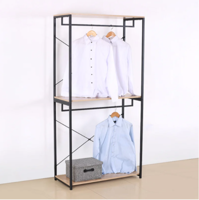 Rack clothes floor standing with 2 wooden shelves,steel spray, size 90x40x180 cm.- Black