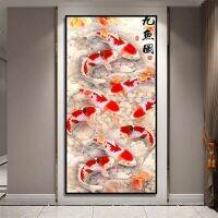 Luyameishop สไตล์จีน Nine Red Koi Fish ภาพวาดผ้าใบ-Lucky ปลาคาร์พโปสเตอร์สำหรับห้องนั่งเล่น Decor